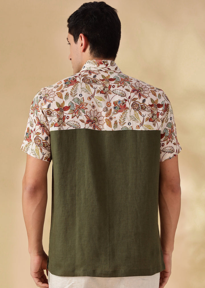 Rafa - Pure Linen Short Sleeve with Printed Yoke - Moss Green