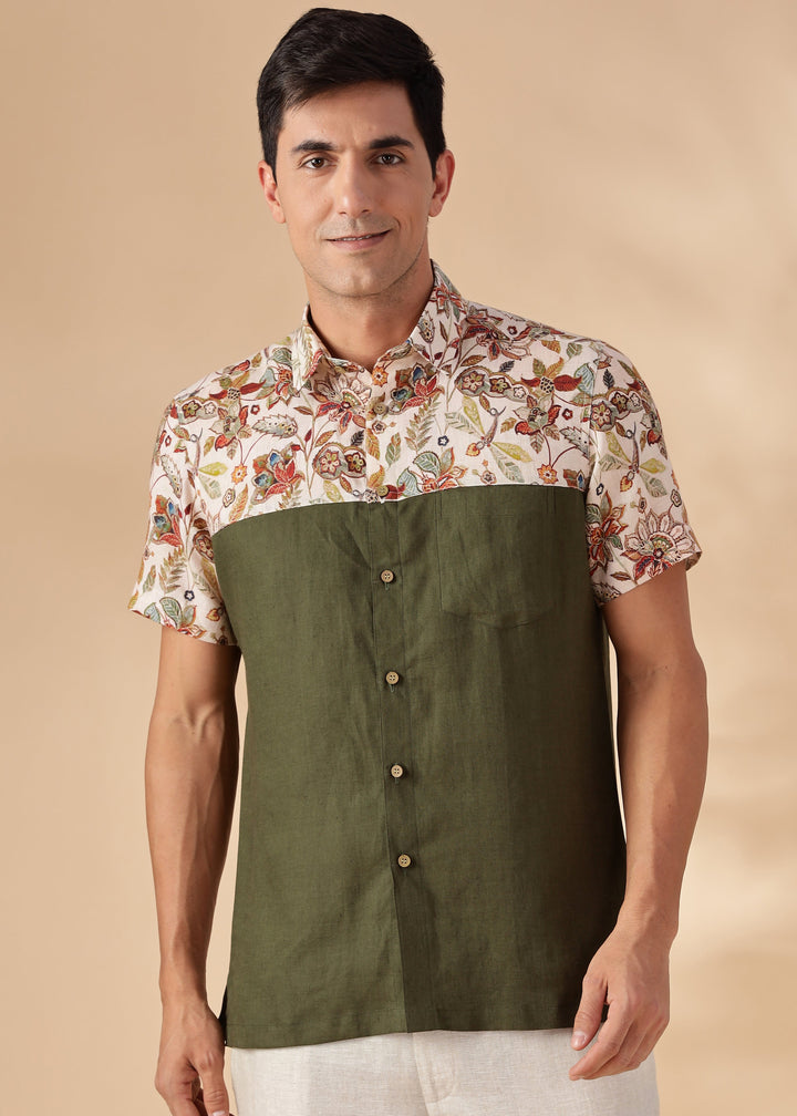 Rafa - Pure Linen Short Sleeve with Printed Yoke - Moss Green