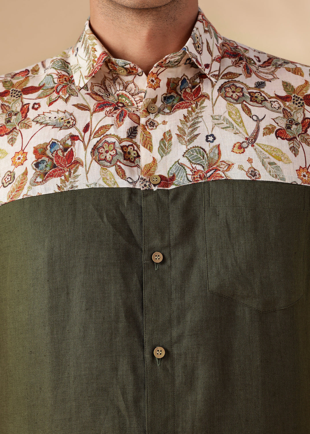 Rafa - Pure Linen Short Sleeve with Printed Yoke - Moss Green