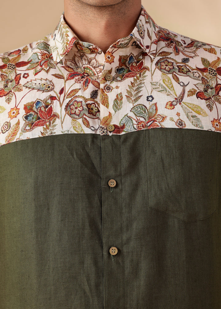 Rafa - Pure Linen Short Sleeve with Printed Yoke - Moss Green