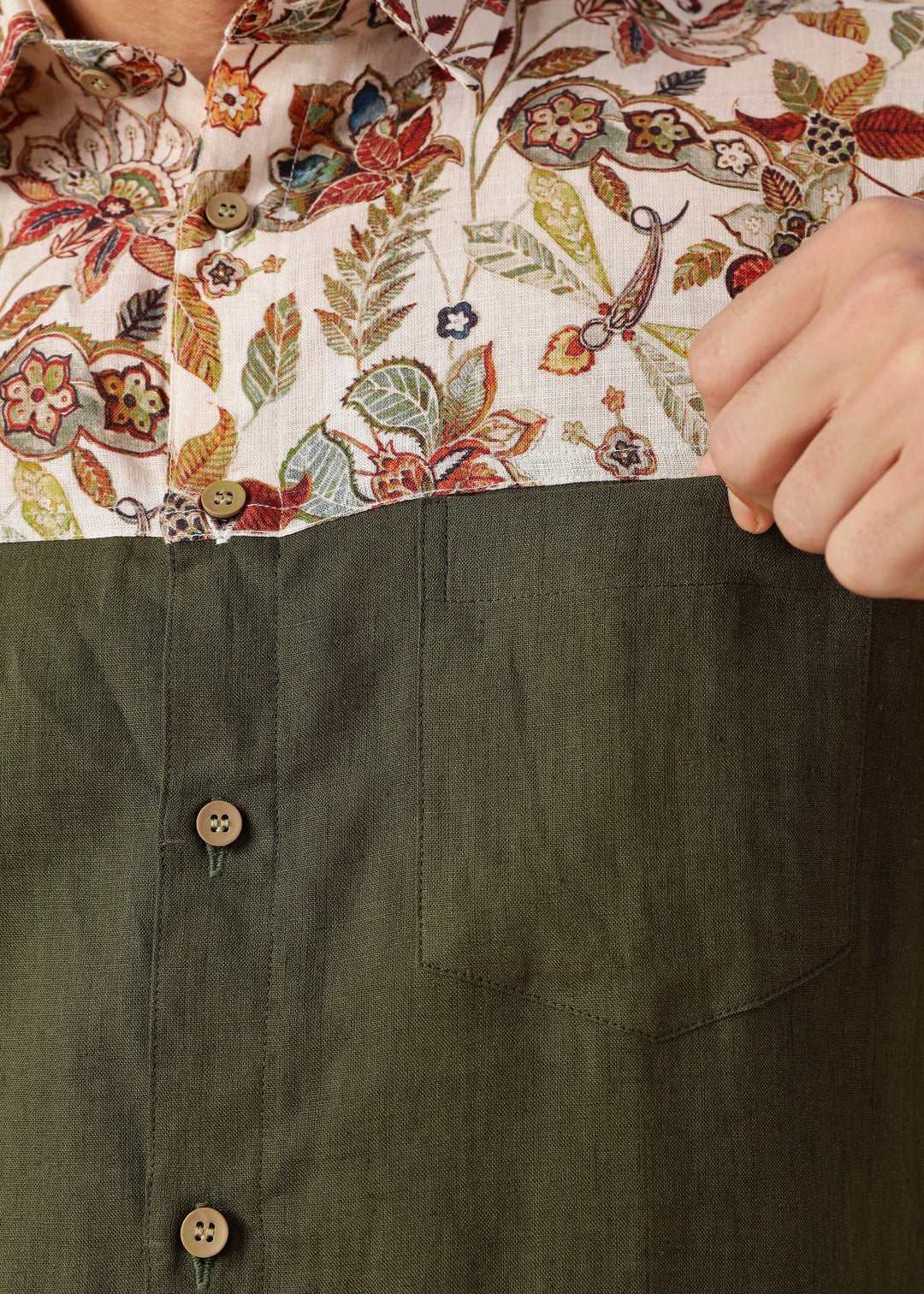 Rafa - Pure Linen Short Sleeve with Printed Yoke - Moss Green