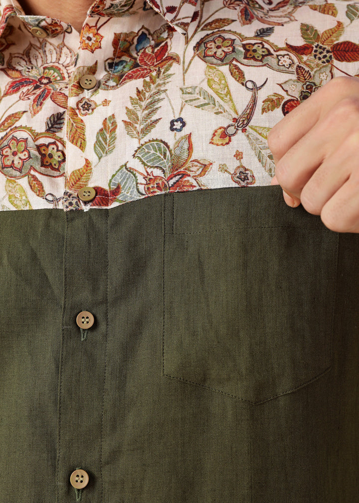 Rafa - Pure Linen Short Sleeve with Printed Yoke - Moss Green