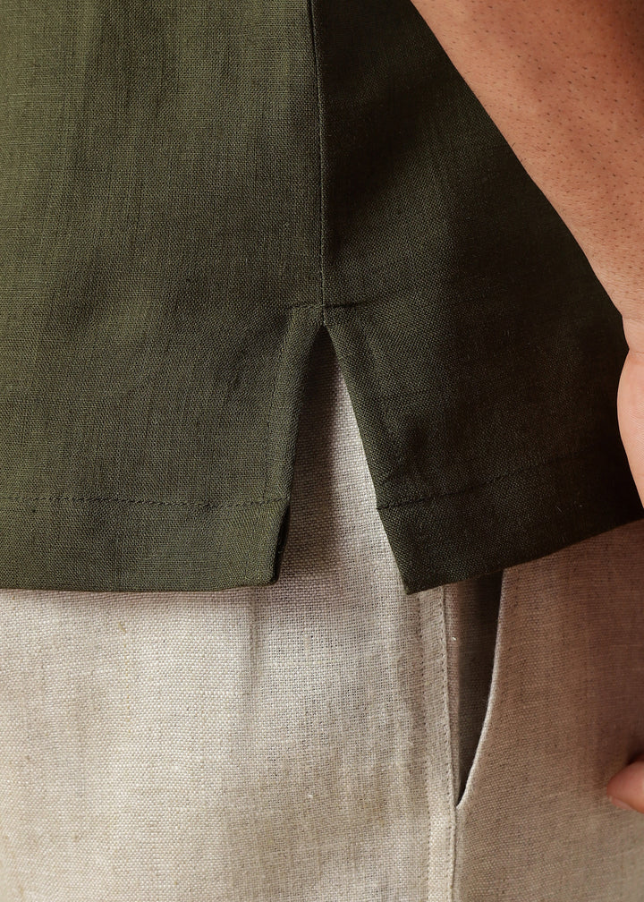 Rafa - Pure Linen Short Sleeve with Printed Yoke - Moss Green