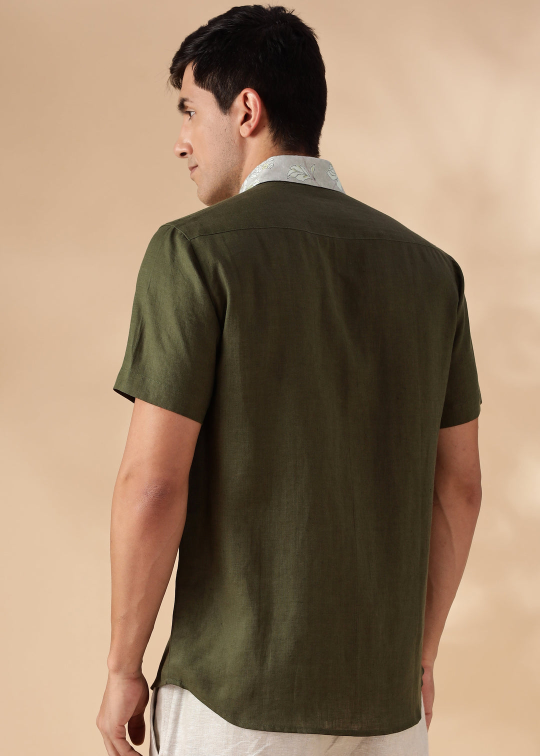 Zeph - Pure Linen Printed Shirt with Printed Collar and Pocket Detail - Moss Green