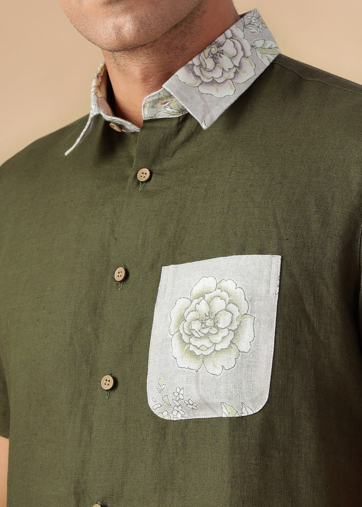 Zeph - Pure Linen Printed Shirt with Printed Collar and Pocket Detail - Moss Green