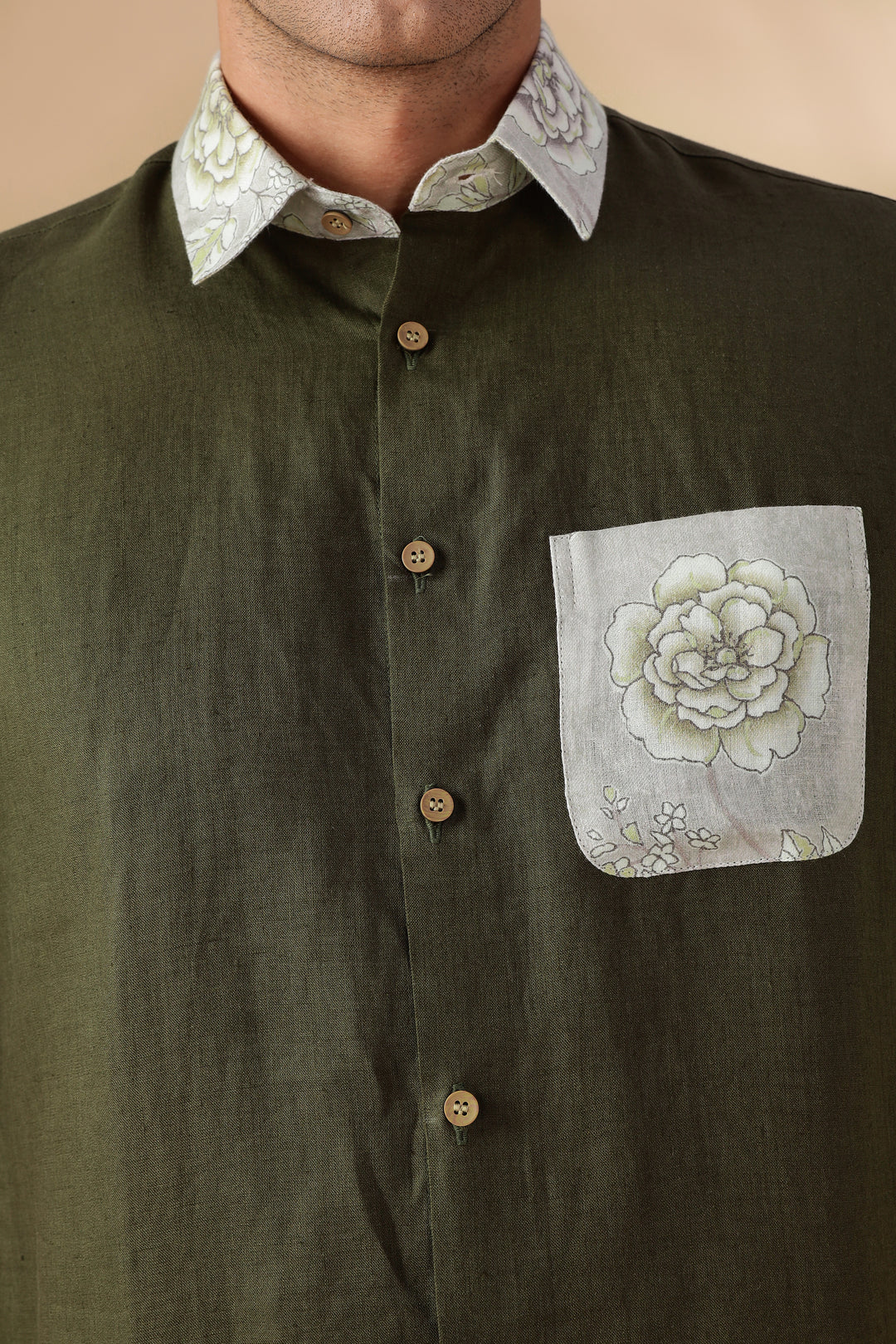 Zeph - Pure Linen Printed Shirt with Printed Collar and Pocket Detail - Moss Green