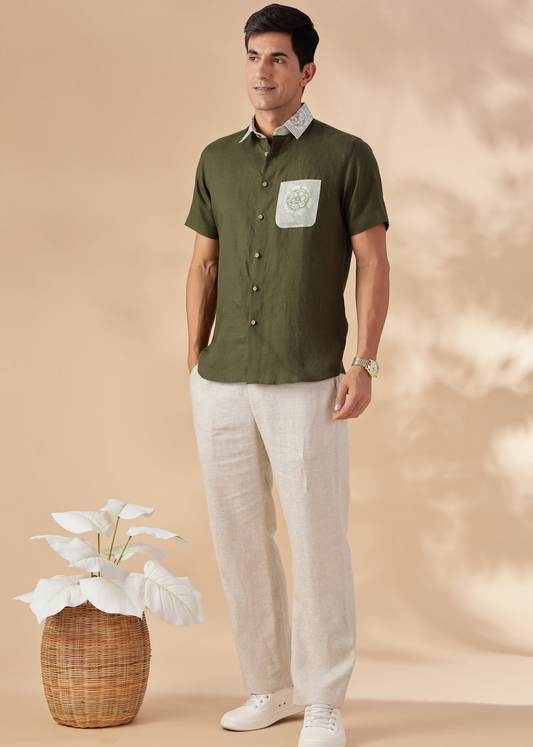 Zeph - Pure Linen Printed Shirt with Printed Collar and Pocket Detail - Moss Green
