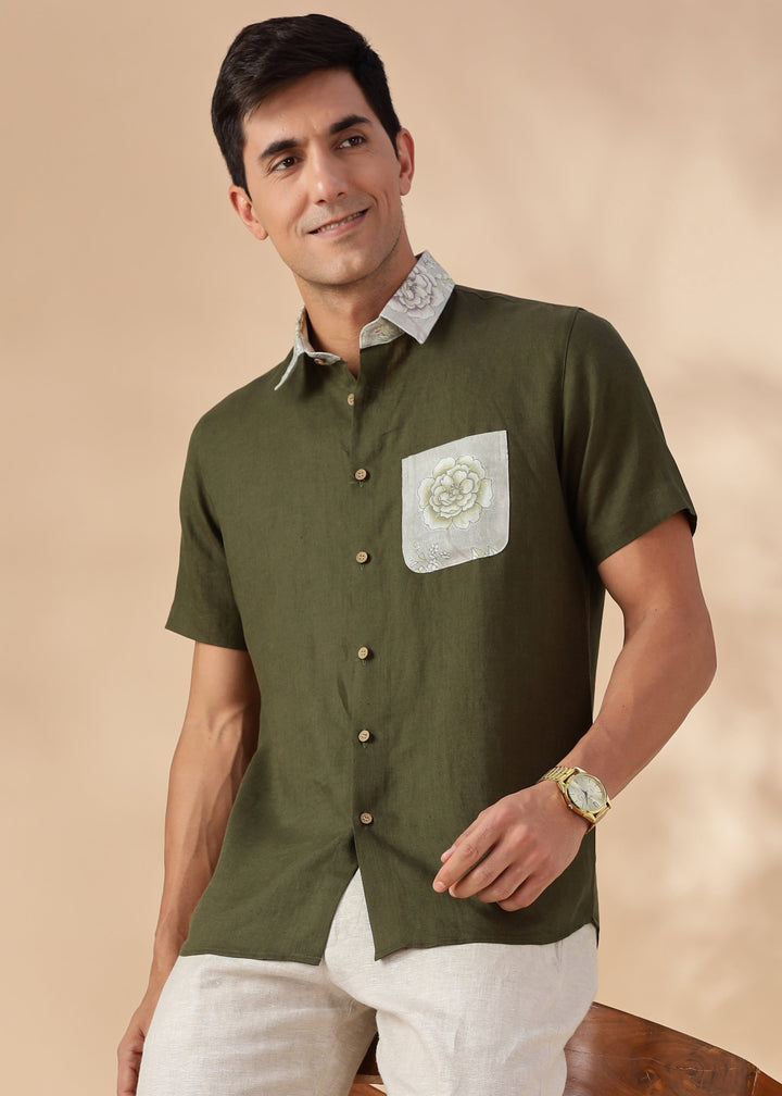 Zeph - Pure Linen Printed Shirt with Printed Collar and Pocket Detail - Moss Green