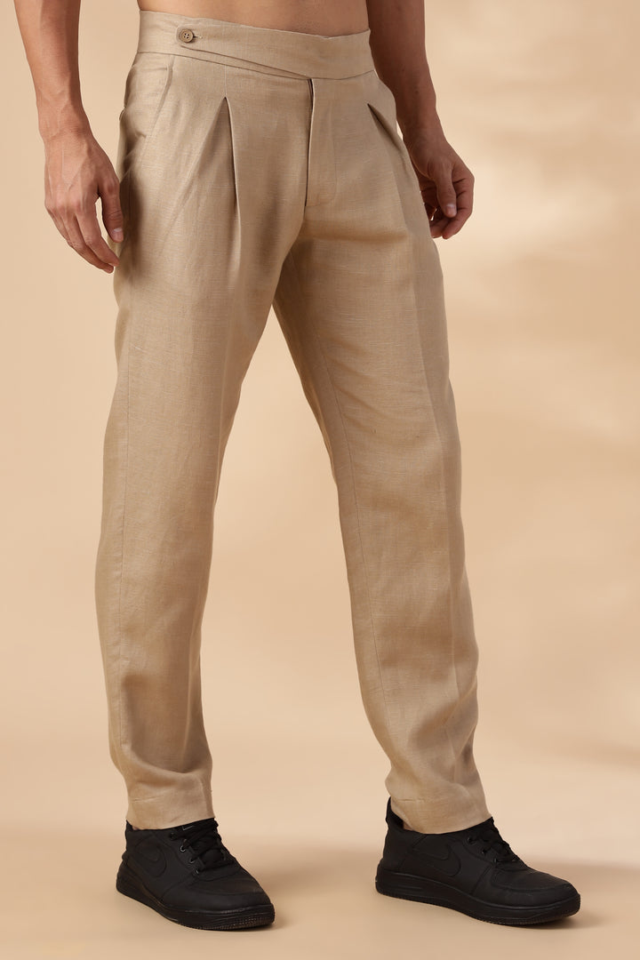 Foster - Pure Linen Trousers with Stylised Waistband - Light Hazelnut Brown