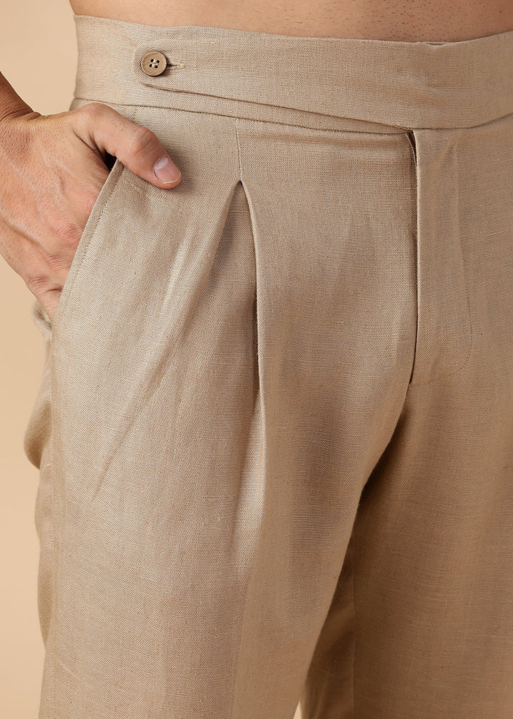 Foster - Pure Linen Trousers with Stylised Waistband - Light Hazelnut Brown