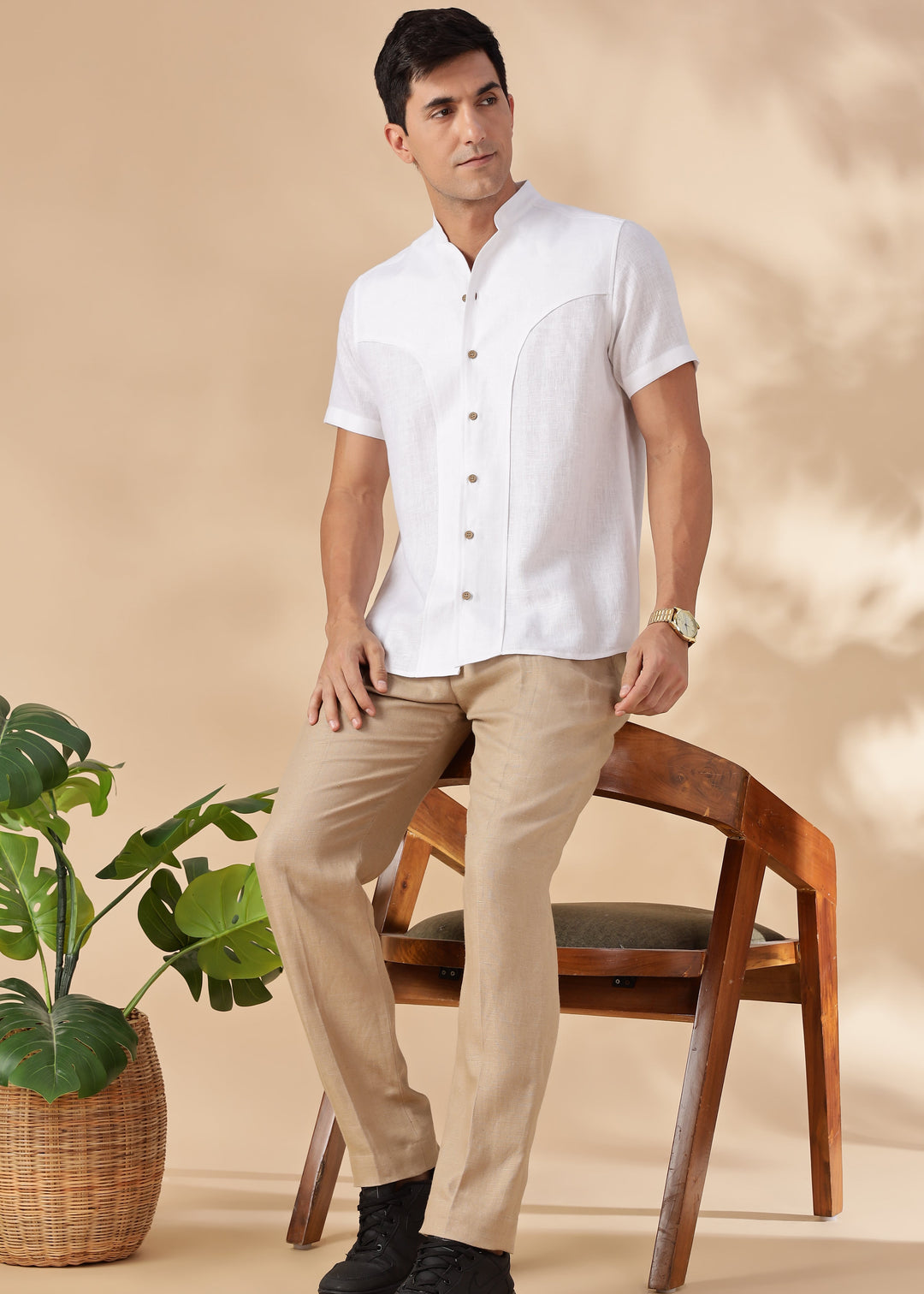 Foster - Pure Linen Trousers with Stylised Waistband - Light Hazelnut Brown