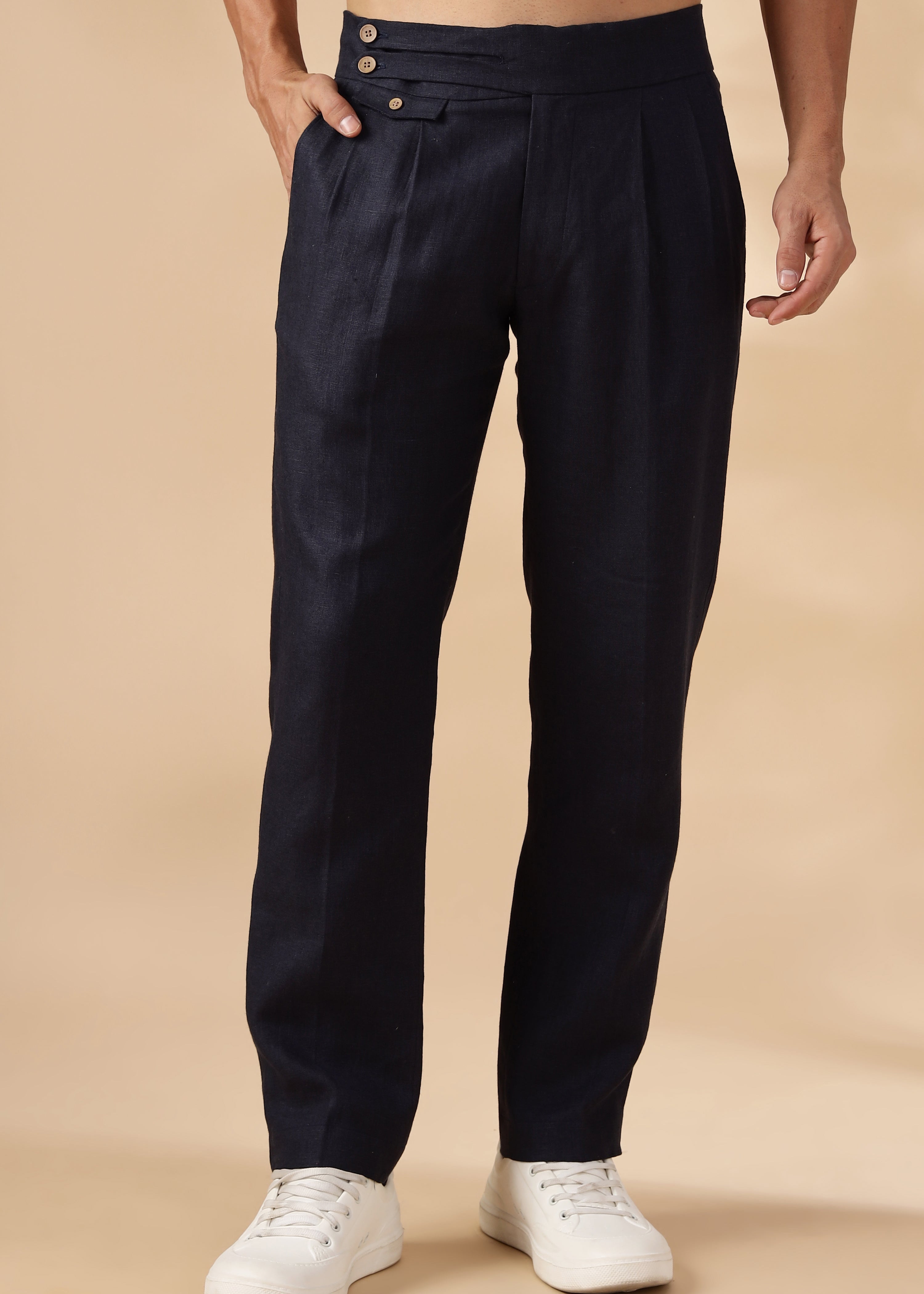 【ネイビー】LINEN LIKE SLACKS Regal Blue Pure Linen Double Pleated with Overlap Button Detail