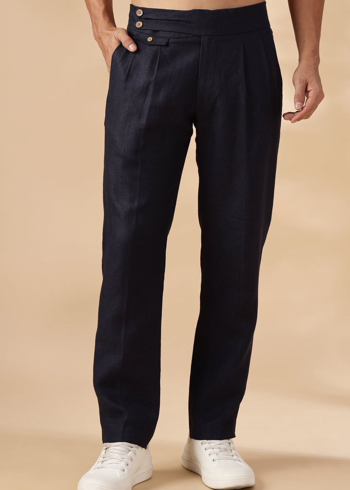 Liv - Pure Linen Double Pleated with Overlap Button Detail Trousers - Regal Blue