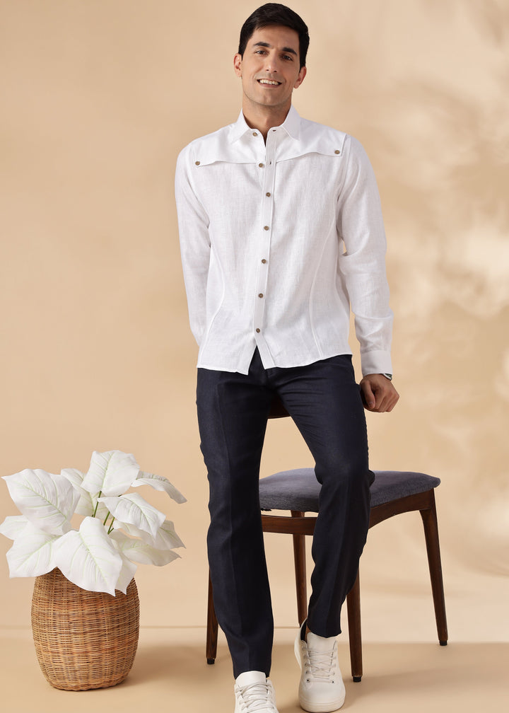 Liv - Pure Linen Double Pleated with Overlap Button Detail Trousers - Regal Blue
