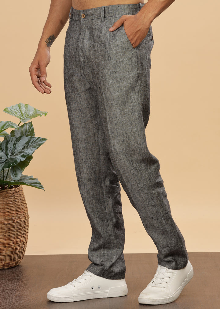 Ian Pure Linen Trousers - Black Chambray