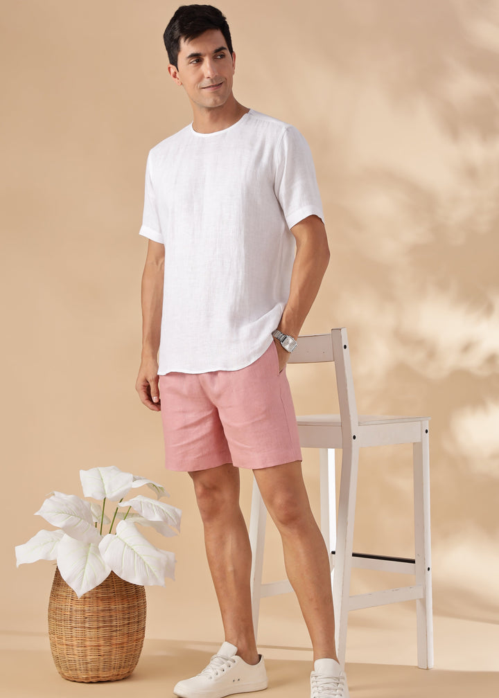 Hawaii - Pure Linen Elastic Shorts - Rose Pink