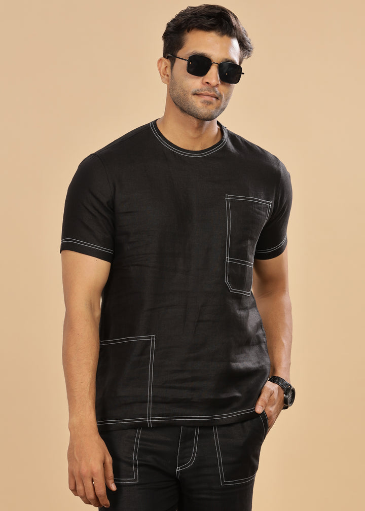 Aven - Pure Linen Stitch Detail Short Sleeve T-Shirt - Black