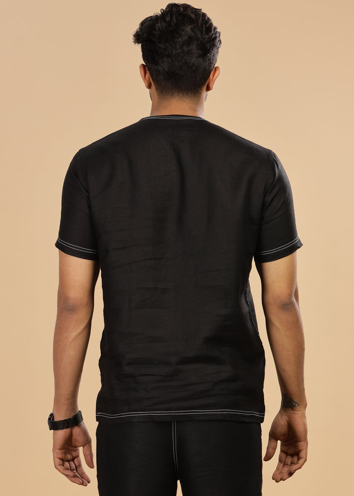 Aven - Pure Linen Stitch Detail Short Sleeve T-Shirt - Black