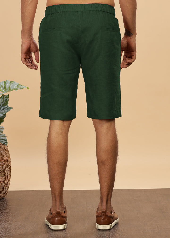 Trio Shorts - Pure Linen Shorts With Elastic Band - Dark Green