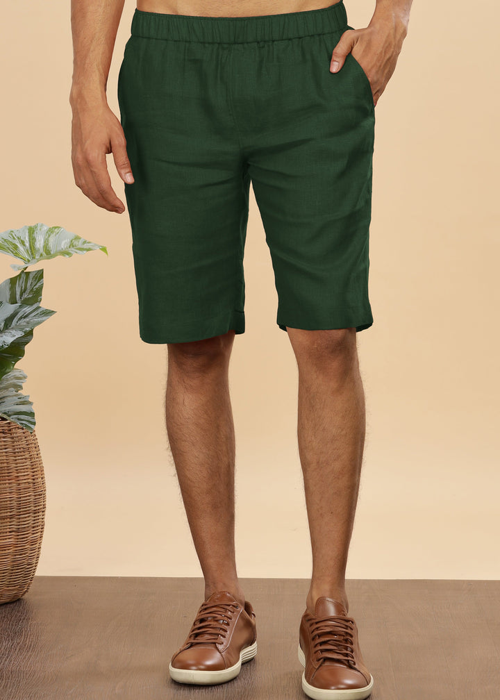 Trio Shorts - Pure Linen Shorts With Elastic Band - Dark Green