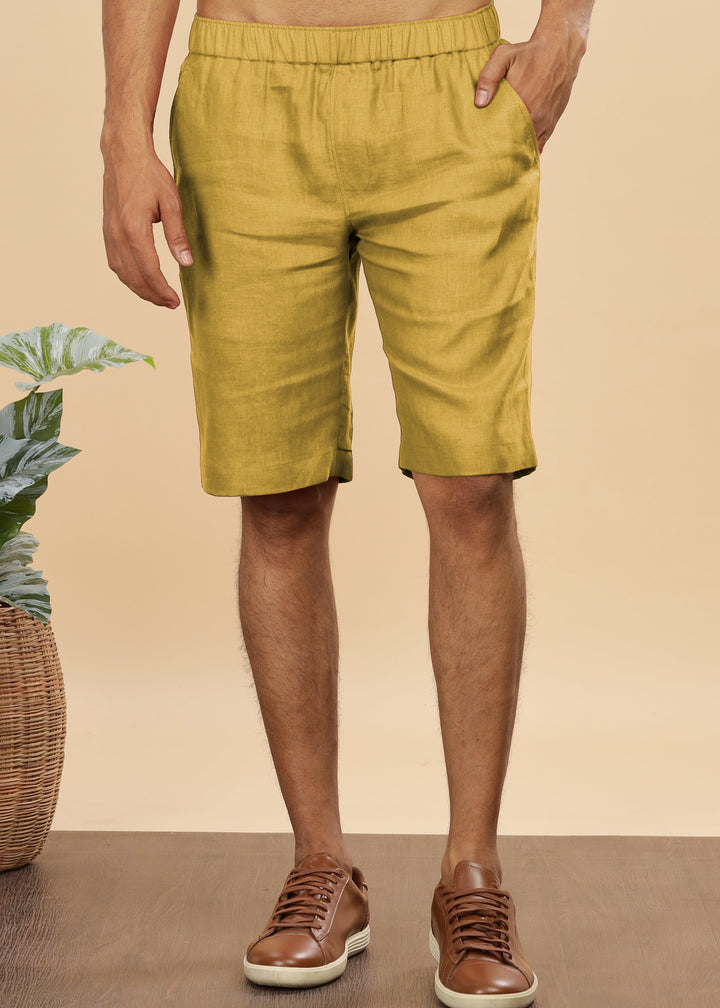 Trio Shorts - Pure Linen Shorts With Elastic Band - Sunburst Yellow