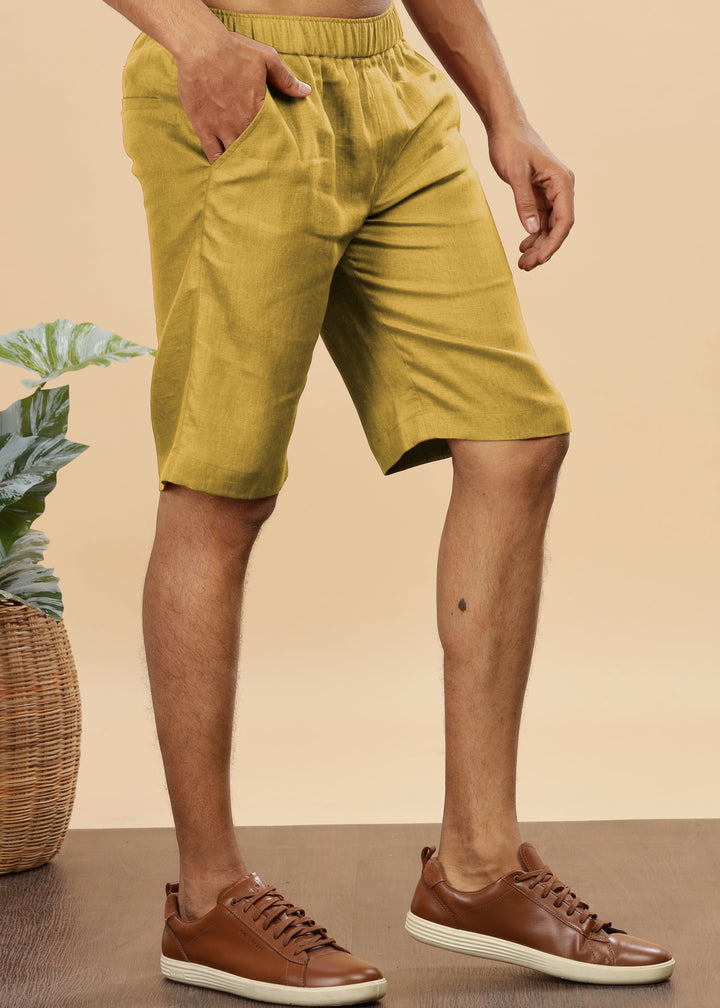 Trio Shorts - Pure Linen Shorts With Elastic Band - Sunburst Yellow