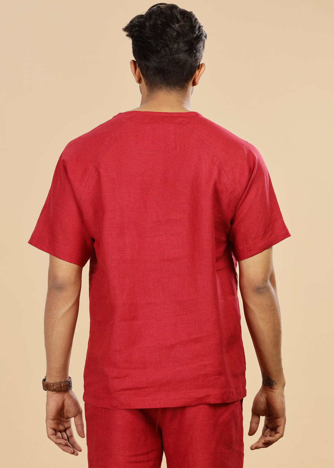 Trio Raglan Sleeve Pure Linen T-Shirt With Zipper | Mud Red