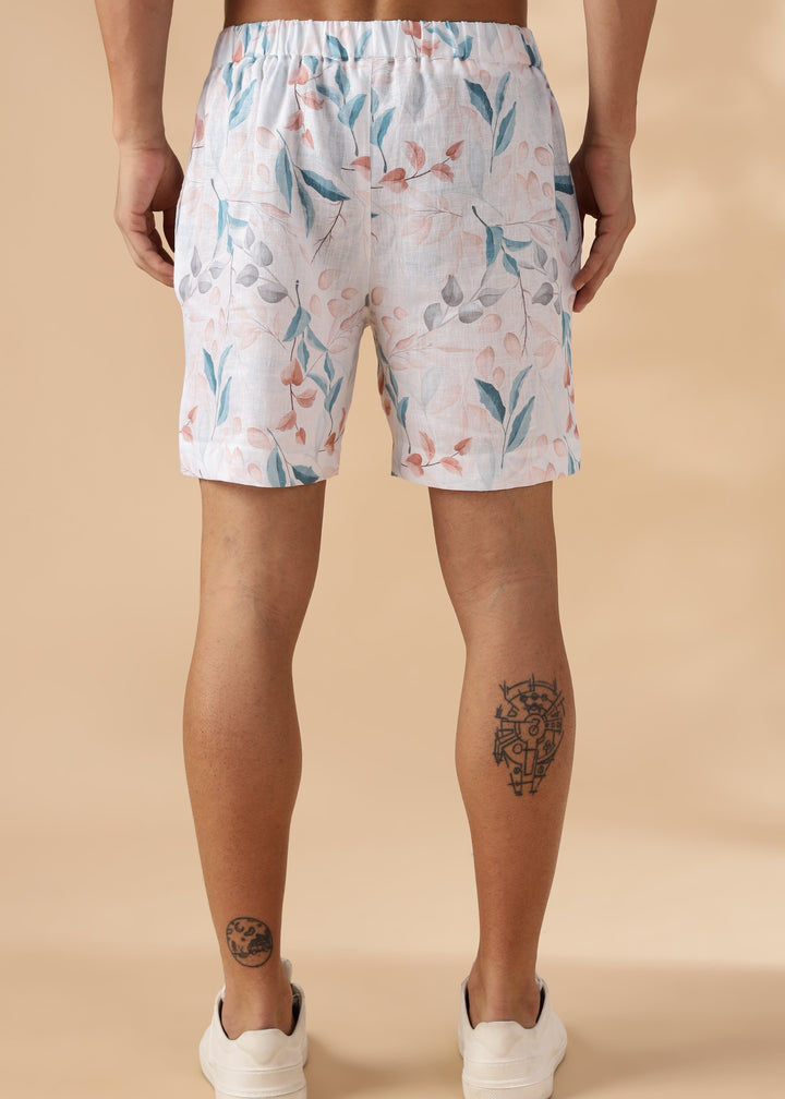 Bora Shorts - Pure Linen Printed Shorts - White