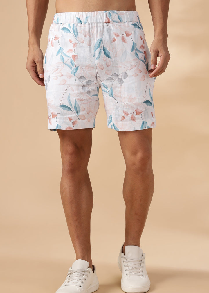 Bora Shorts - Pure Linen Printed Shorts - White