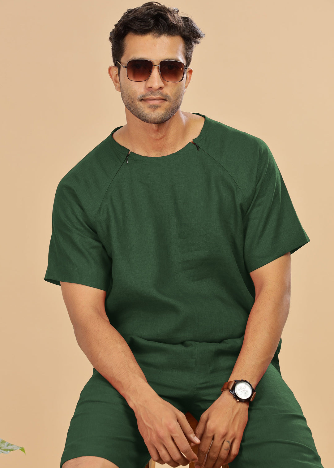 Trio Raglan Sleeve Pure Linen T-Shirt With Zipper | Dark Green