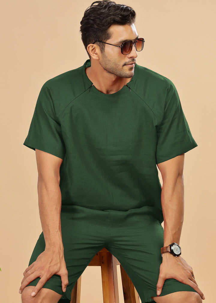 Trio Raglan Sleeve Pure Linen T-Shirt With Zipper | Dark Green