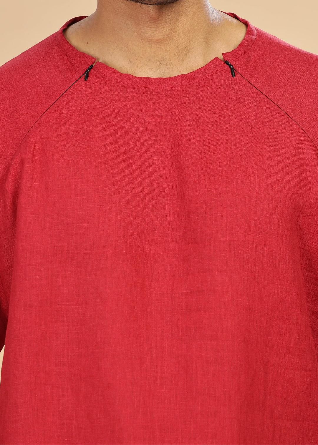 Trio Raglan Sleeve Pure Linen T-Shirt With Zipper | Mud Red