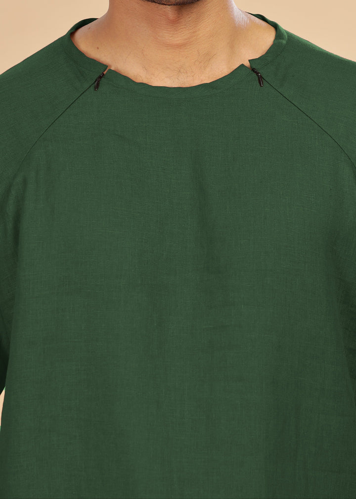 Trio Raglan Sleeve Pure Linen T-Shirt With Zipper | Dark Green