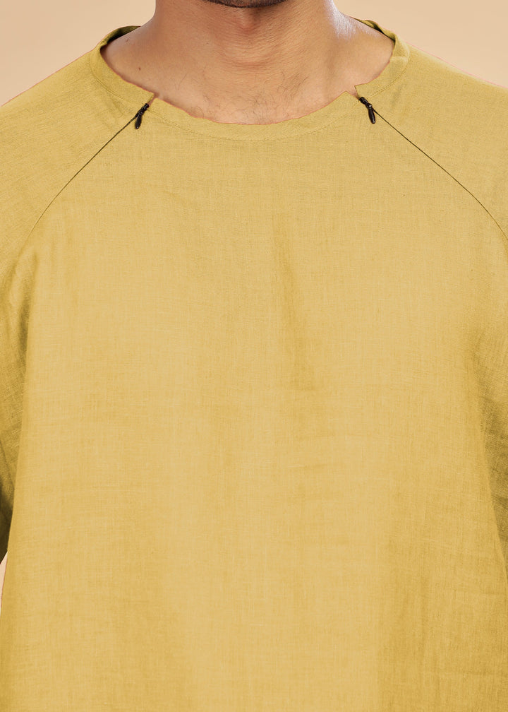 Trio Raglan Sleeve Pure Linen T-Shirt With Zipper | Sunburst Yellow