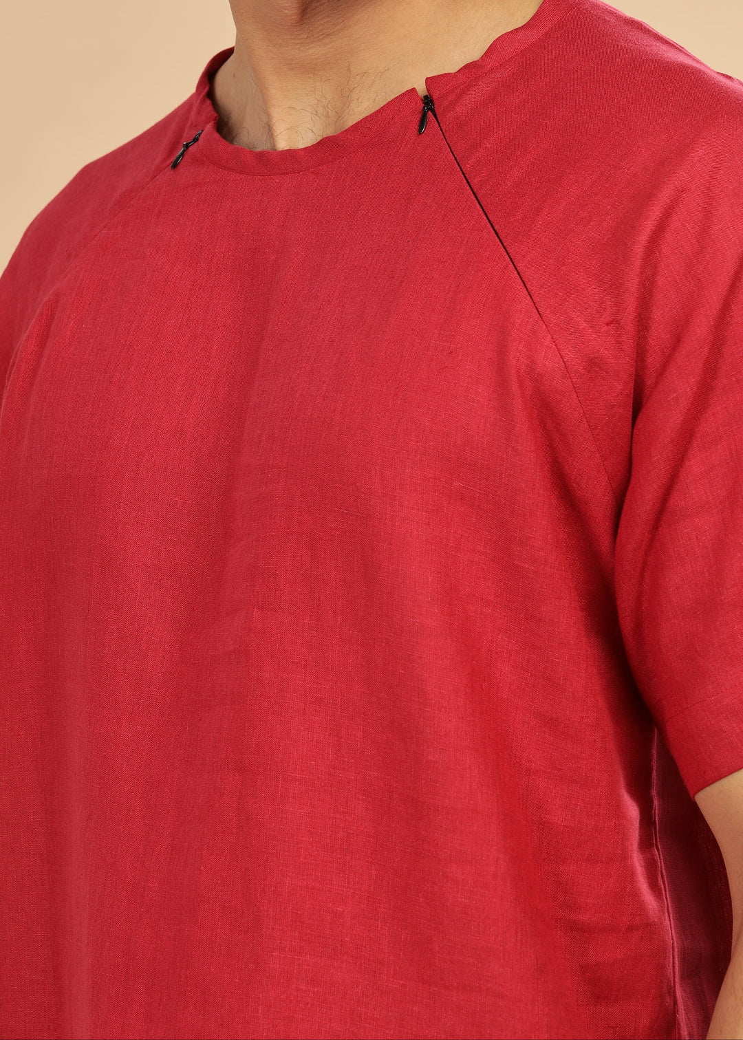 Trio Raglan Sleeve Pure Linen T-Shirt With Zipper | Mud Red