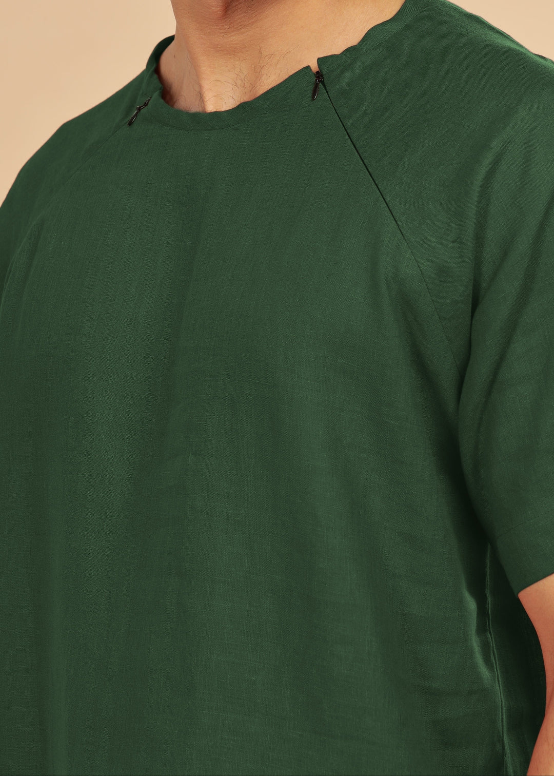 Trio Raglan Sleeve Pure Linen T-Shirt With Zipper | Dark Green