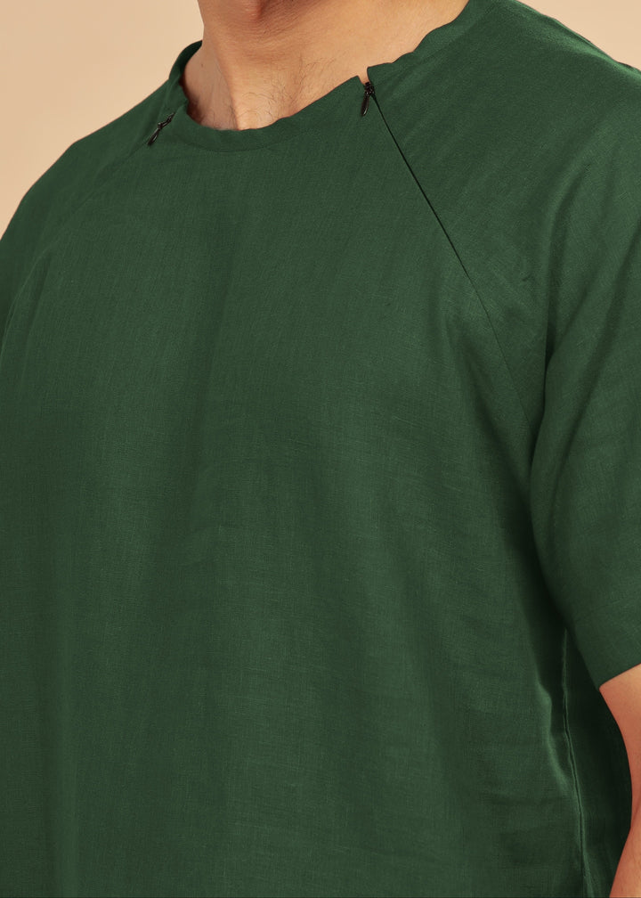 Trio Raglan Sleeve Pure Linen T-Shirt With Zipper | Dark Green