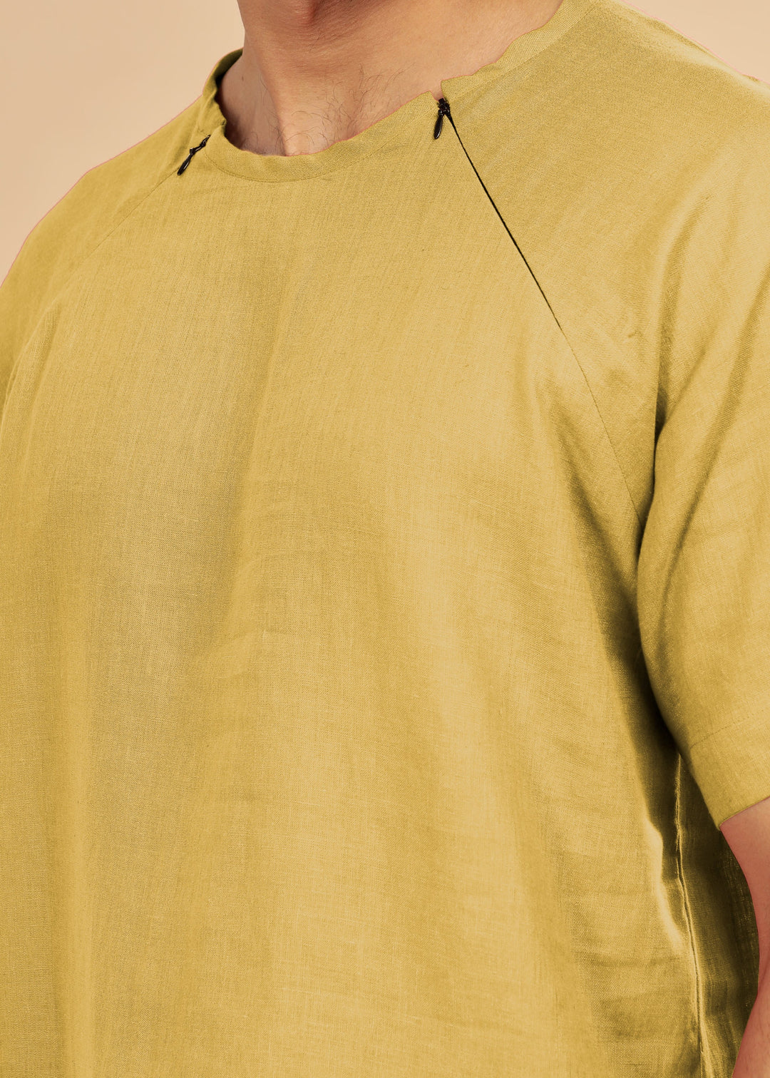 Trio Raglan Sleeve Pure Linen T-Shirt With Zipper | Sunburst Yellow