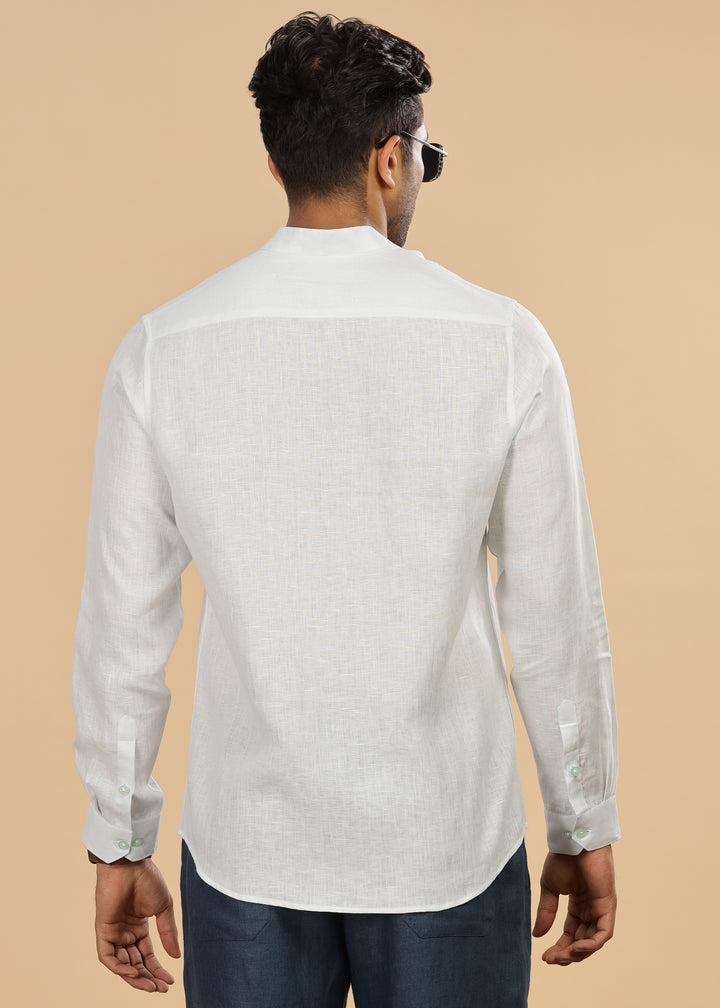 Hanks - Trim Detailed Pure Linen Full Sleeve Shirt - Light Blue