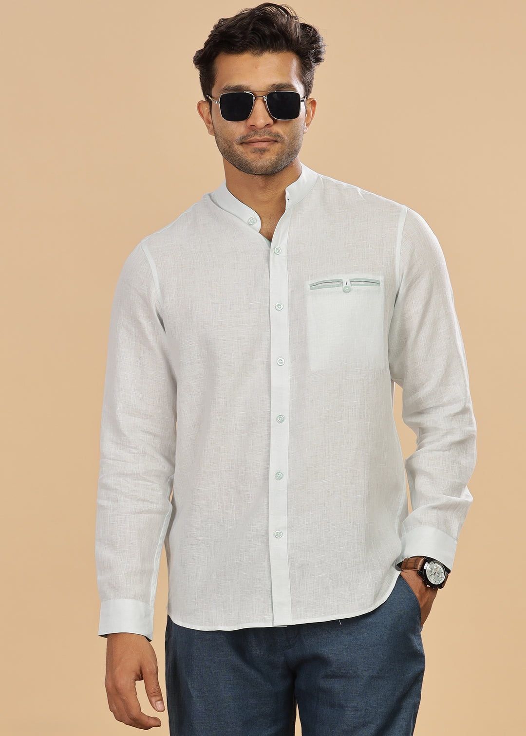 Hanks - Trim Detailed Pure Linen Full Sleeve Shirt - Light Blue