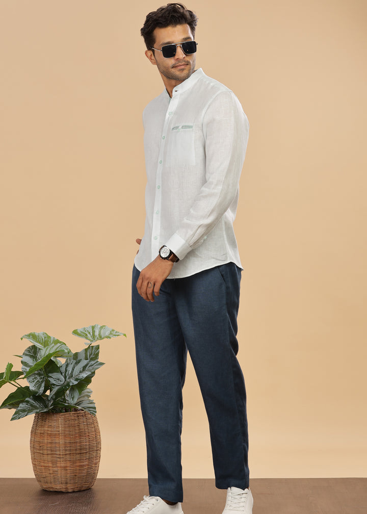 Hanks - Trim Detailed Pure Linen Full Sleeve Shirt - Light Blue
