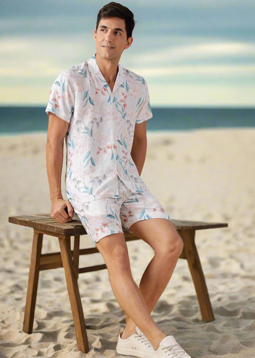 Bora Shirt - Pure Linen Printed Short Sleeve Shirt - White