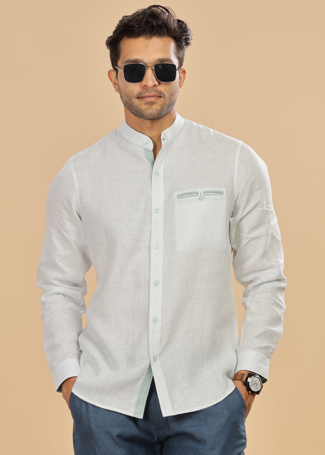 Hanks - Trim Detailed Pure Linen Full Sleeve Shirt - Light Blue
