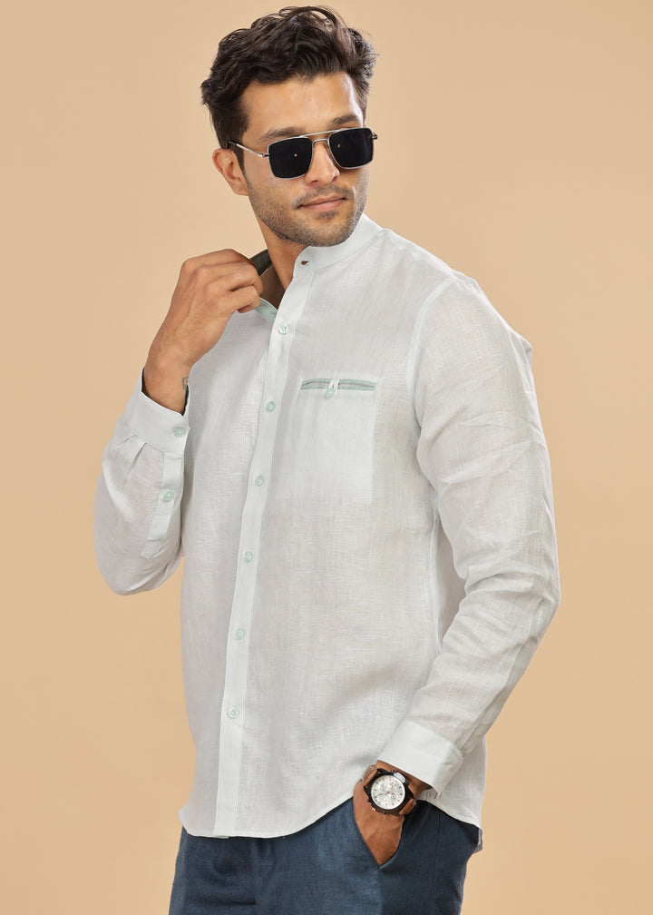 Hanks - Trim Detailed Pure Linen Full Sleeve Shirt - Light Blue
