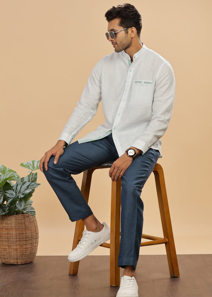 Hanks - Trim Detailed Pure Linen Full Sleeve Shirt - Light Blue