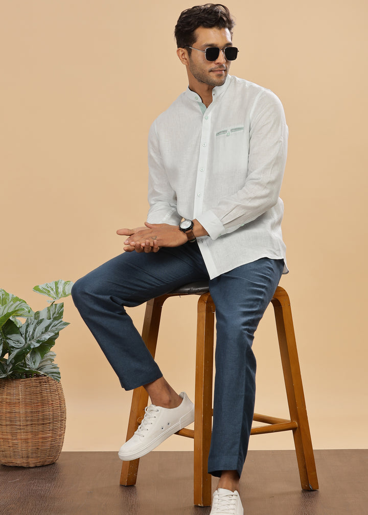 Hanks - Trim Detailed Pure Linen Full Sleeve Shirt - Light Blue