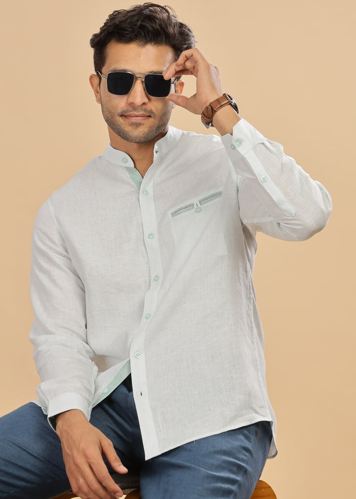 Hanks - Trim Detailed Pure Linen Full Sleeve Shirt - Light Blue