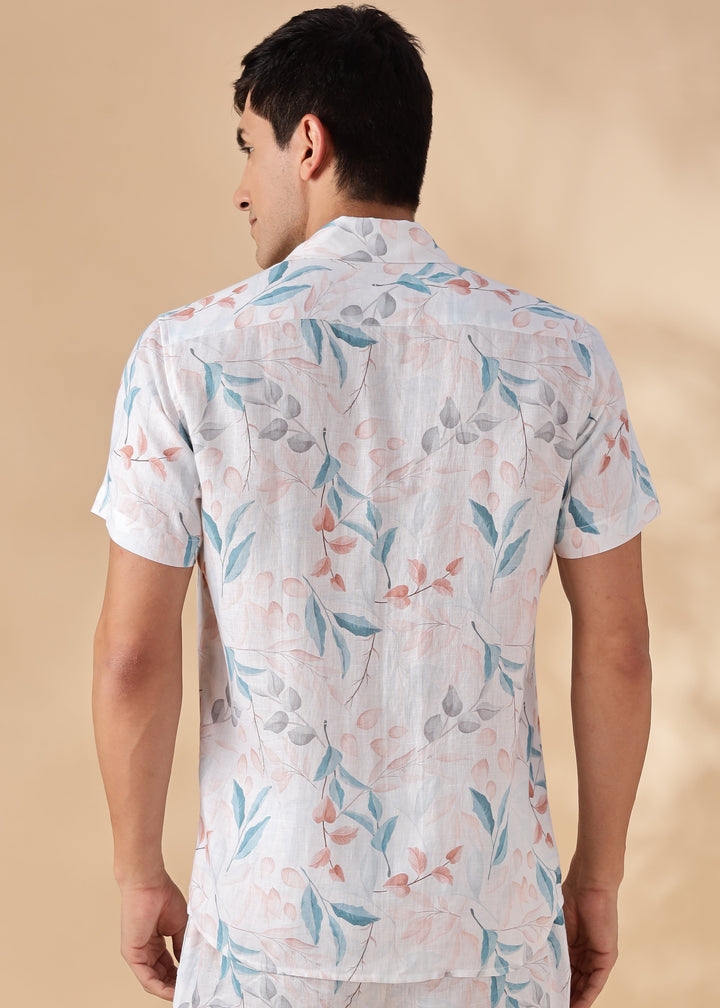 Bora Shirt - Pure Linen Printed Short Sleeve Shirt - White