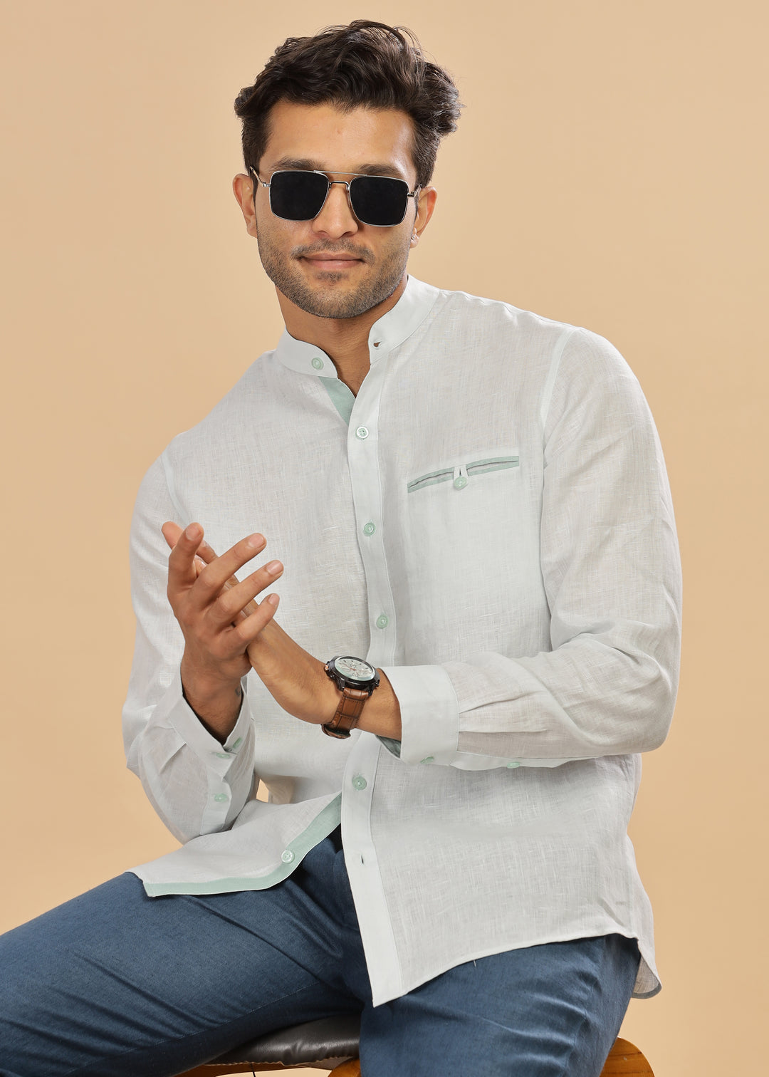 Hanks - Trim Detailed Pure Linen Full Sleeve Shirt - Light Blue