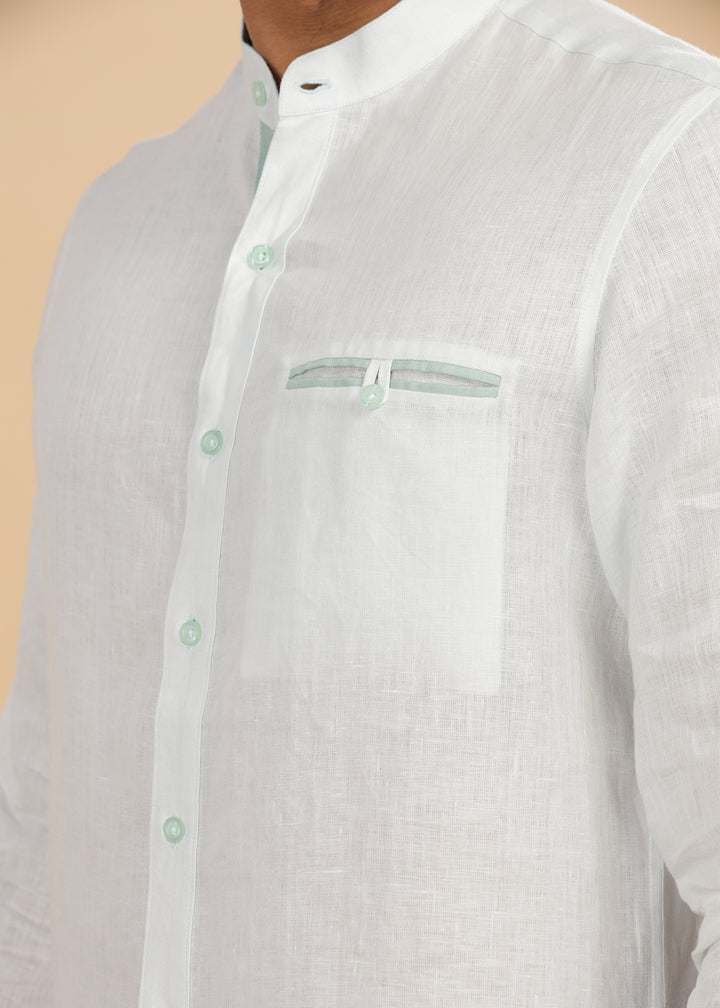 Hanks - Trim Detailed Pure Linen Full Sleeve Shirt - Light Blue